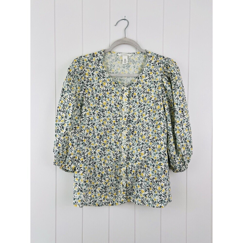 H&M Green Floral Puff Sleeve Top Boho Spring Summer Cottagecore Blouse Size XL